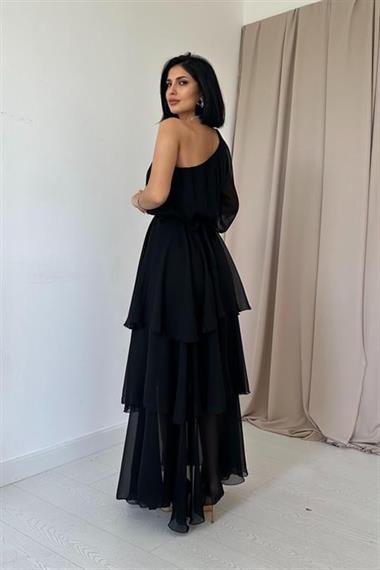 Siyah Tek Kollu Kat Kat Şifon Elbise