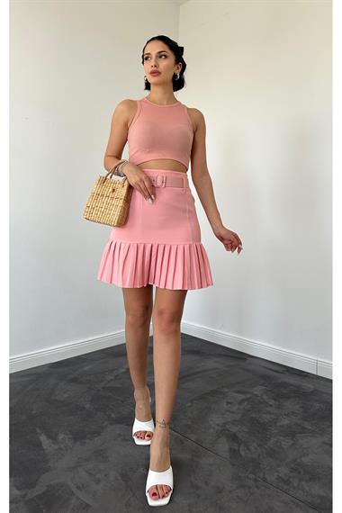 Pile Detaylı Kemerli Etek