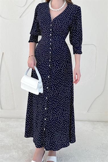 Lacivert Arka Bel ve Kol Ucu Gipeli Elbise