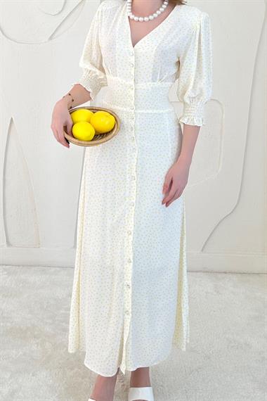 Sarı Arka Bel ve Kol Ucu Gipeli Elbise