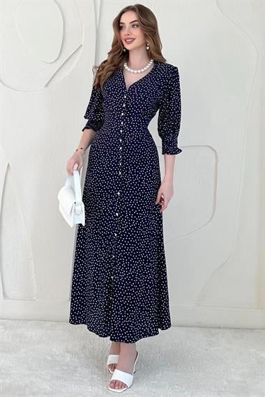 Lacivert Arka Bel ve Kol Ucu Gipeli Elbise