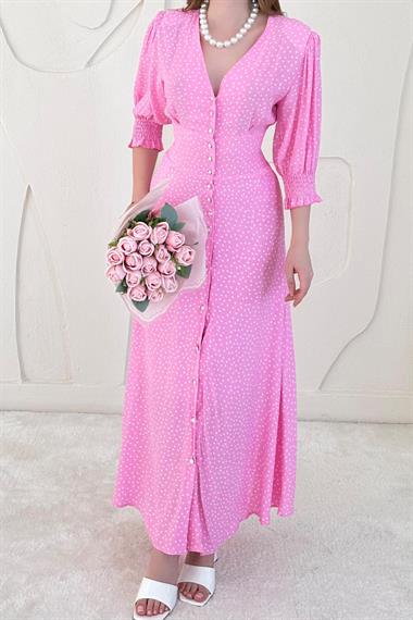 Pembe Arka Bel ve Kol Ucu Gipeli Elbise