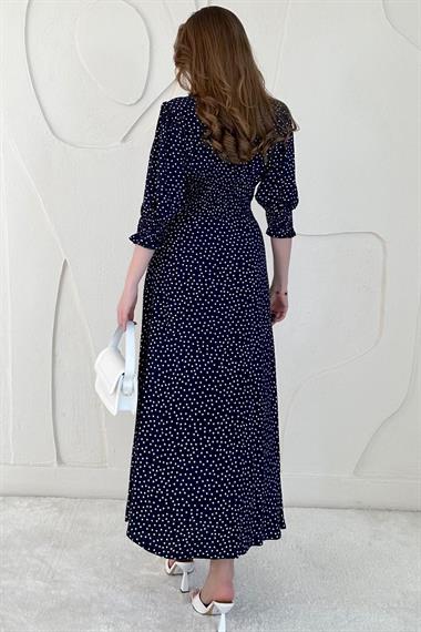 Lacivert Arka Bel ve Kol Ucu Gipeli Elbise
