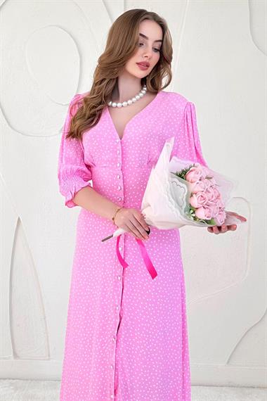 Pembe Arka Bel ve Kol Ucu Gipeli Elbise