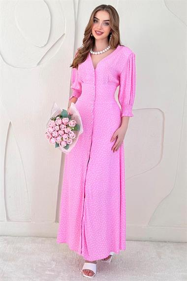 Pembe Arka Bel ve Kol Ucu Gipeli Elbise