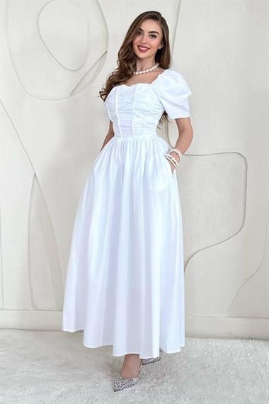 Beyaz Arkası Gipe Detaylı Elbise