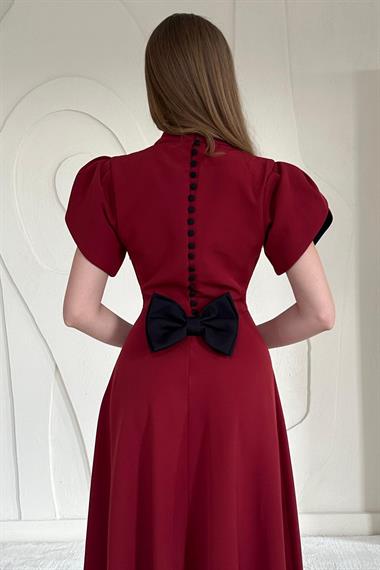 Bordo Arkası Kurdele Detaylı Garnili Elbise