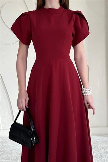 Bordo Arkası Kurdele Detaylı Garnili Elbise