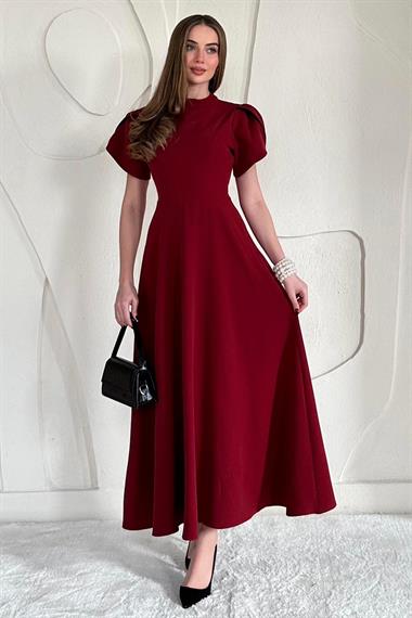 Bordo Arkası Kurdele Detaylı Garnili Elbise