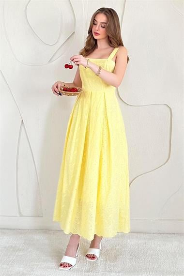 Sarı Askılı Aparatlı Brode Elbise