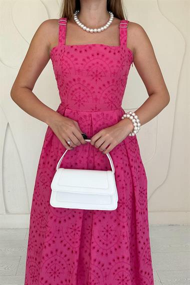 Fuşya Askılı Aparatlı Brode Elbise