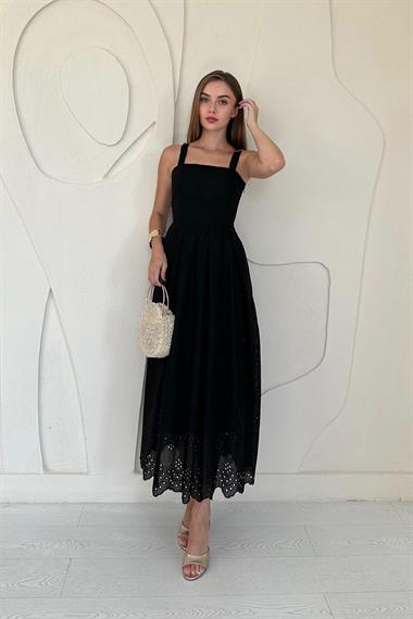 Siyah Askılı Aparatlı Brode Elbise