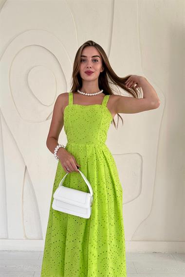 Yağ Yeşili Askılı Aparatlı Brode Elbise