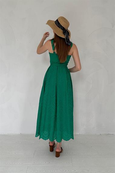 Yeşil Askılı Aparatlı Brode Elbise
