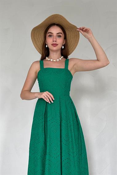 Yeşil Askılı Aparatlı Brode Elbise
