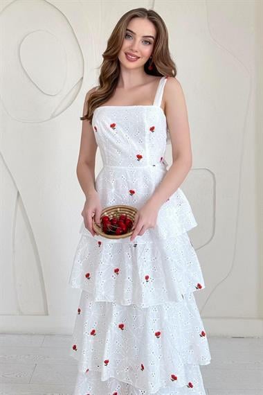 Kırmızı Askılı Kat Kat Arkası Bağlamalı Elbise