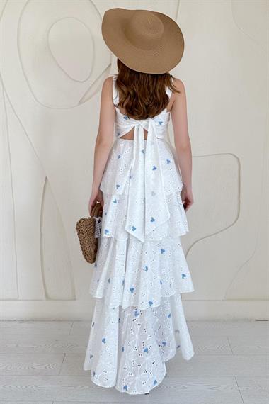 Mavi Askılı Kat Kat Arkası Bağlamalı Elbise