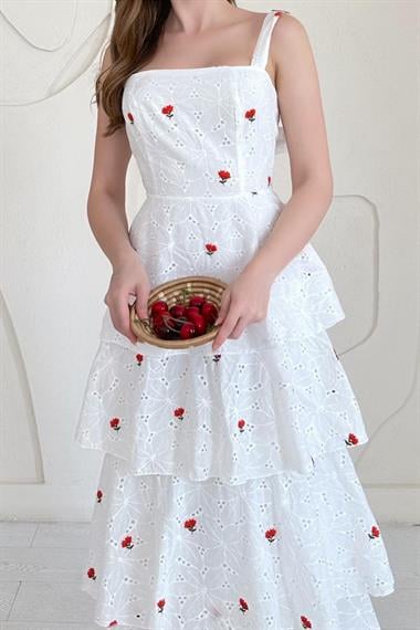 Kırmızı Askılı Kat Kat Arkası Bağlamalı Elbise