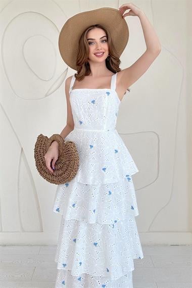 Mavi Askılı Kat Kat Arkası Bağlamalı Elbise