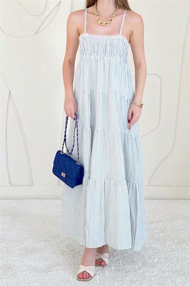 Mavi Askılı Parçalı Çizgili Müslin Elbise