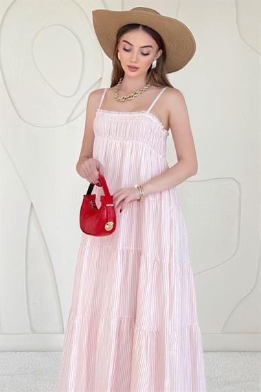 Pembe Askılı Parçalı Çizgili Müslin Elbise