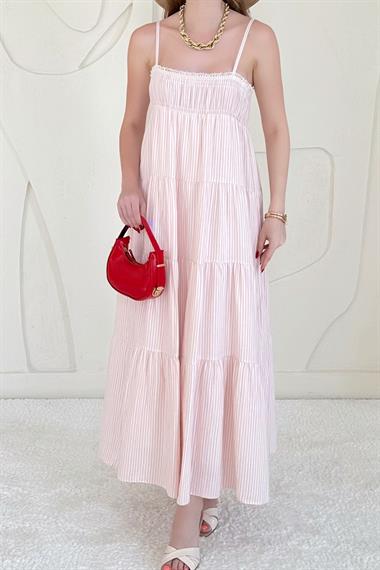 Pembe Askılı Parçalı Çizgili Müslin Elbise