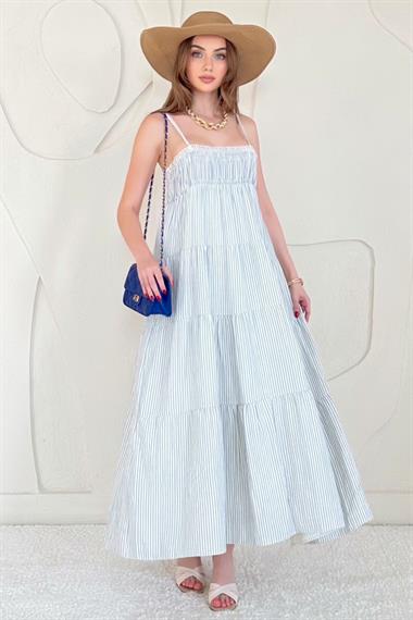 Mavi Askılı Parçalı Çizgili Müslin Elbise