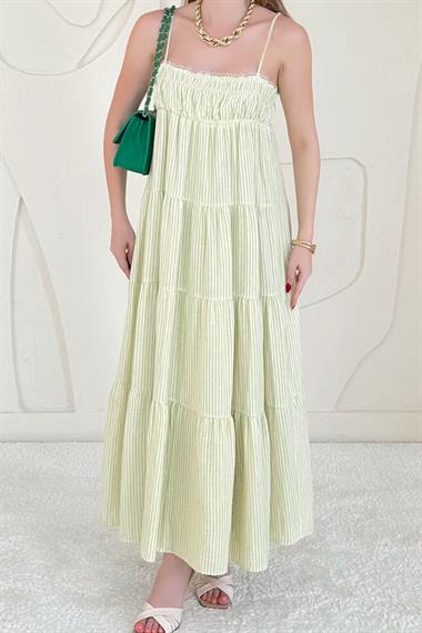 Yeşil Askılı Parçalı Çizgili Müslin Elbise