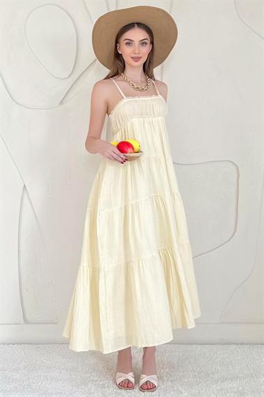 Sarı Askılı Parçalı Çizgili Müslin Elbise