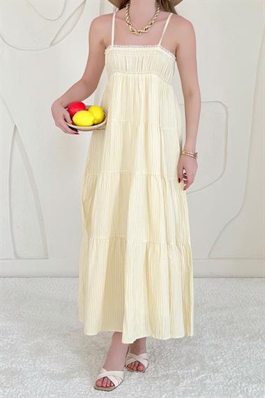 Sarı Askılı Parçalı Çizgili Müslin Elbise