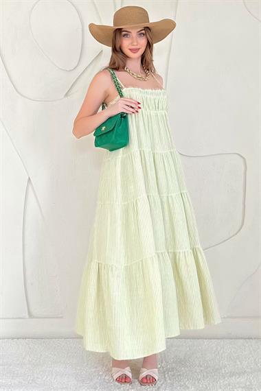 Yeşil Askılı Parçalı Çizgili Müslin Elbise