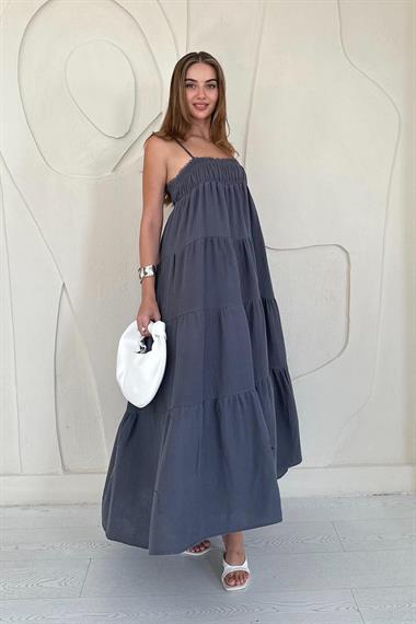 Gri Askılı Parçalı Müslin Elbise