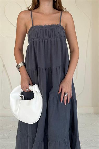 Gri Askılı Parçalı Müslin Elbise