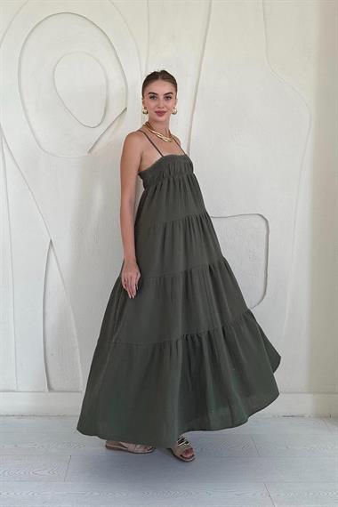 Haki Askılı Parçalı Müslin Elbise