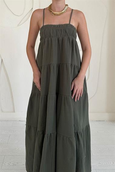 Haki Askılı Parçalı Müslin Elbise