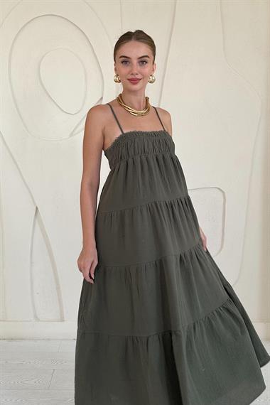 Haki Askılı Parçalı Müslin Elbise