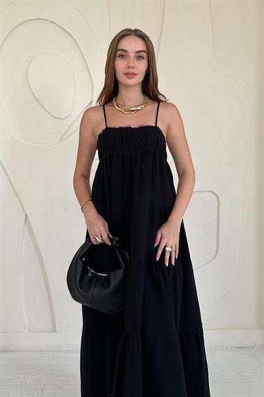 Siyah Askılı Parçalı Müslin Elbise