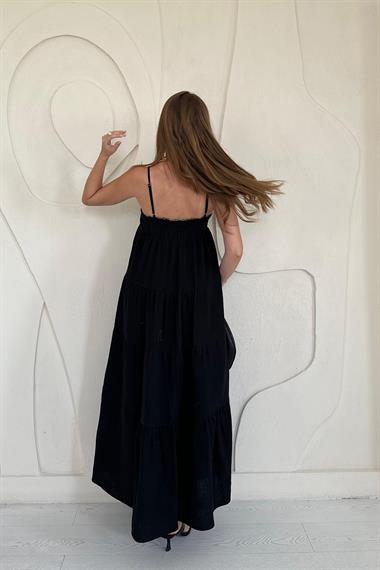 Siyah Askılı Parçalı Müslin Elbise