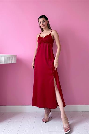 Kırmızı Askılı Saten Elbise