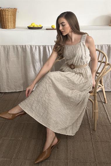 Bej Askısı Lastikli Keten Elbise