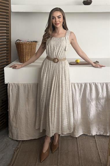 Bej Askısı Lastikli Keten Elbise