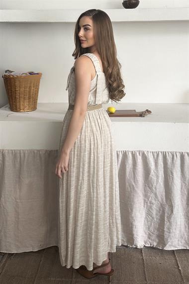 Bej Askısı Lastikli Keten Elbise