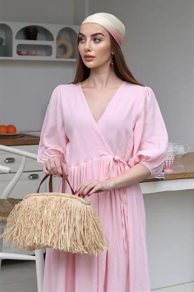 Pembe Bağlama Detaylı Müslin Elbise