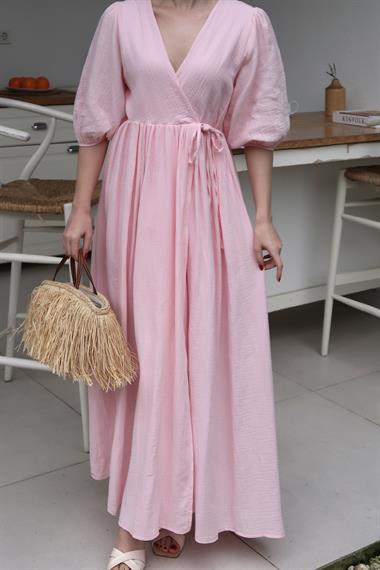Pembe Bağlama Detaylı Müslin Elbise