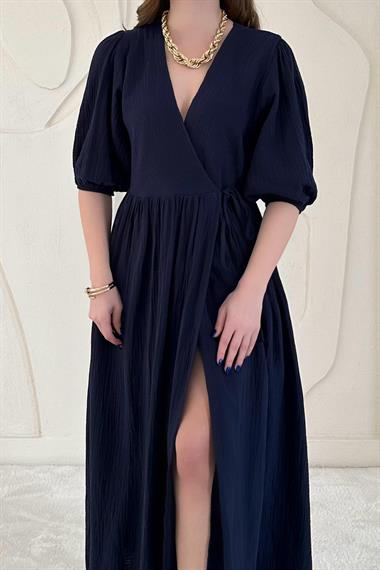 Lacivert Bağlama Detaylı Müslin Elbise