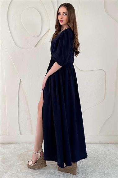 Lacivert Bağlama Detaylı Müslin Elbise