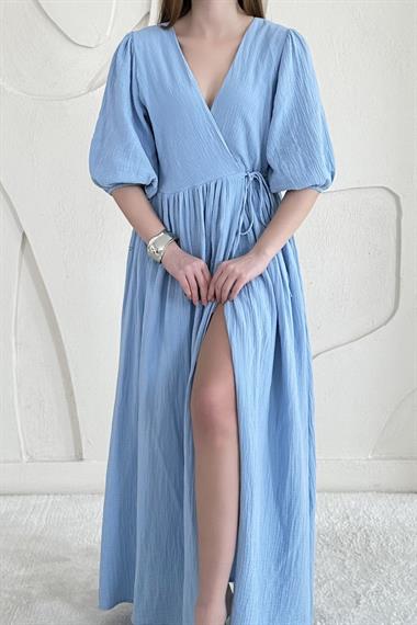 Mavi Bağlama Detaylı Müslin Elbise
