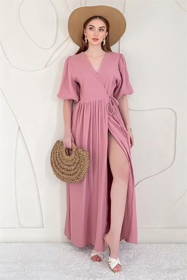 Pudra Bağlama Detaylı Müslin Elbise