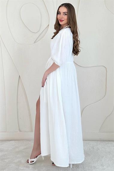 Ekru Bağlama Detaylı Müslin Elbise