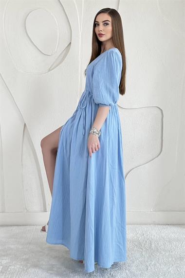 Mavi Bağlama Detaylı Müslin Elbise